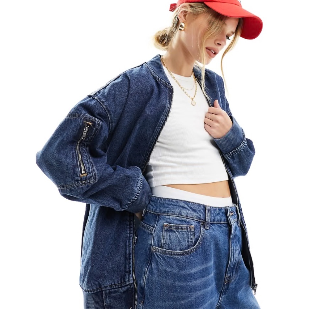 Bershka denim bomber jacket in blue - size M/L